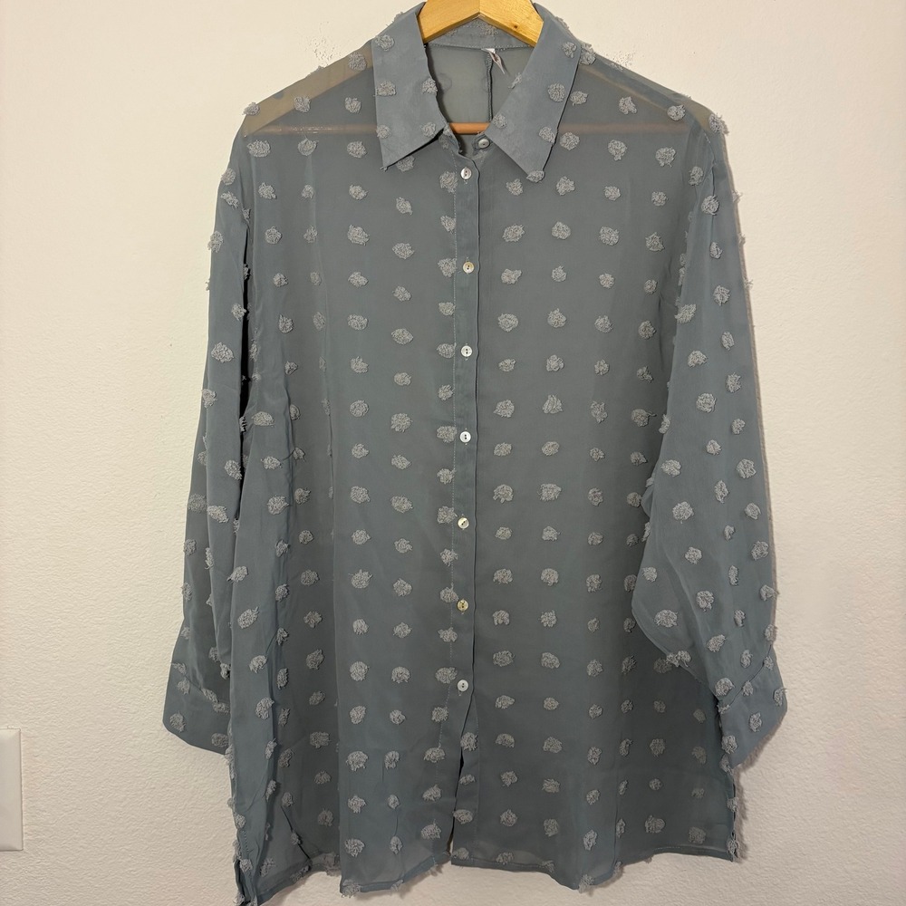 GeeGee Womens Blue Gray Eyelash Clip Dot Sheer Button Down Blouse Top Sz L J0016